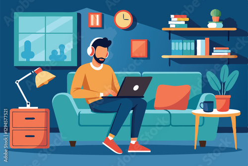 A casually dressed man enjoys working on his laptop, seated comfortably on a cozy sofa at home, Man relaxing at home, Guy sitting with laptop and headphones on couch,