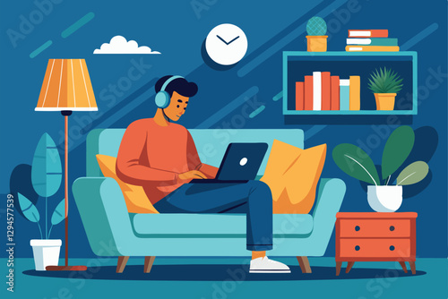 A young man sits comfortably on a couch, focused on his laptop in a relaxing living room, Man relaxing at home, Guy sitting with laptop and headphones on couch,