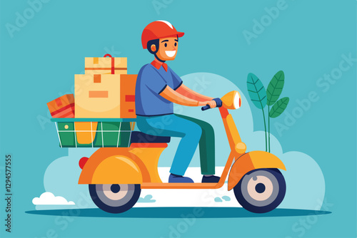 A man smiles as he rides a scooter carrying a cart loaded with packages, enjoying the sunny weather, man riding a scooter with a cart of goods