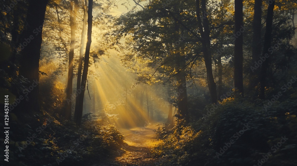 Obraz premium Sunbeams illuminate misty forest path.