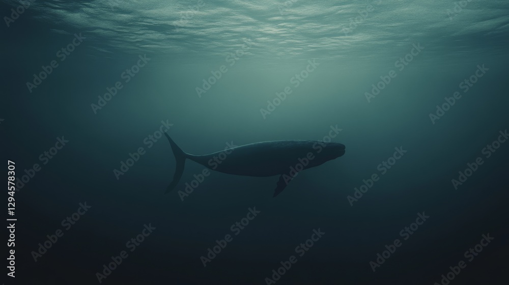 Obraz premium A majestic whale swims gracefully through the deep, mysterious ocean, silhouetted by the soft, ethereal blue light of the water.