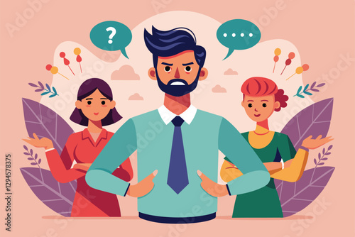 A man explains something while two women react with skepticism and confusion during a meeting, Mansplaining Customizable Disproportionate Illustration