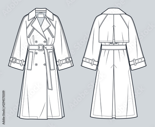 Double-breasted Trench Coat Technical Fashion Illustration. Raglan Sleeve Coat fashion flat technical drawing template, wide sleeves, belt, front and back view, white, women, men, unisex CAD mockup.