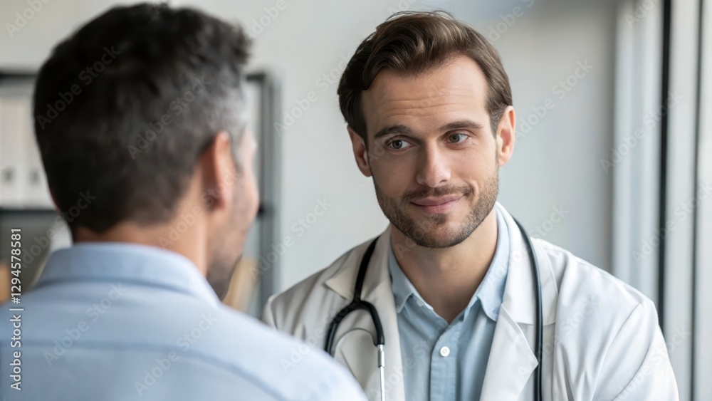 Concentrated doctor consultant concept. A doctor engages warmly with a patient during a consultation, showcasing a professional and caring interaction in a medical setting. Concentrated doctor consultant concept. A doctor engages warmly with a patient during a consultation, showcasing a professional and caring interaction in a medical setting.