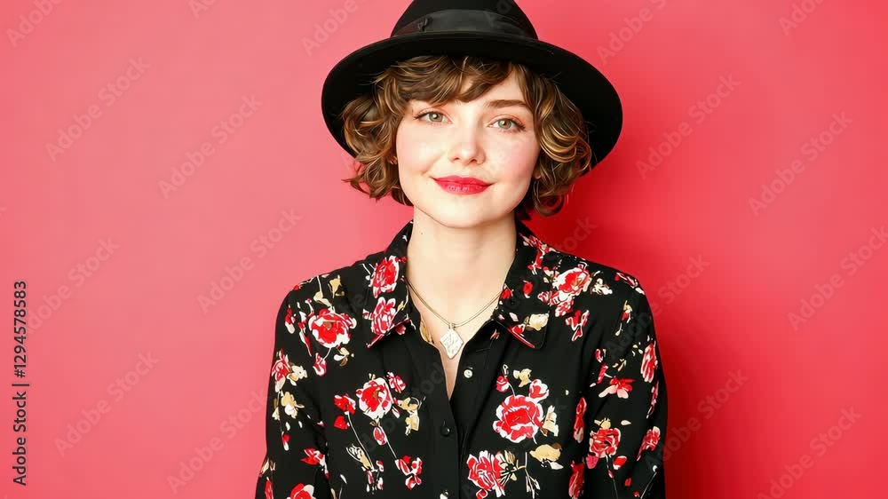 Portrait of a woman in a floral shirt and hat against a solid red background, exuding confidence and style.