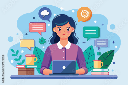 A woman sits at a desk with a laptop, engaging in a conversation surrounded by vibrant speech bubbles, Mansplaining Customizable Semi Flat Illustration