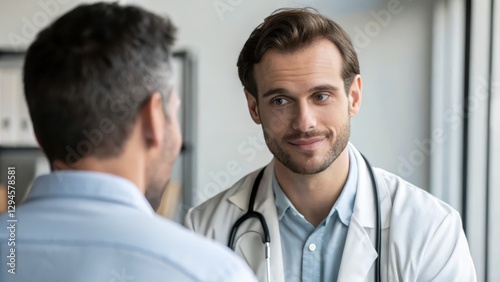 Concentrated doctor consultant concept. A doctor engages warmly with a patient during a consultation, showcasing a professional and caring interaction in a medical setting.