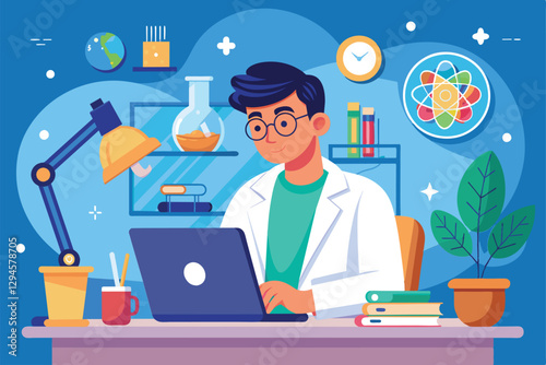 A man is focused on his laptop studying science surrounded by lab equipment and books, man studying science on the internet