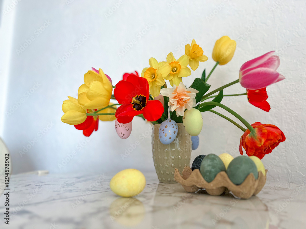 An Easter card. Colorful bright tulips decorated with eggs stand in a vase on the table next to colorful eggs