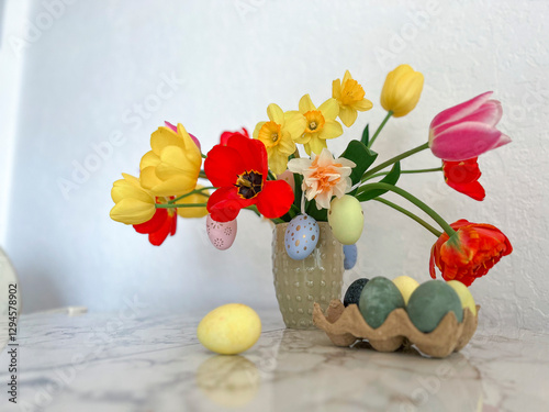Obraz na płótnie An Easter card. Colorful bright tulips decorated with eggs stand in a vase on the table next to colorful eggs w salonie