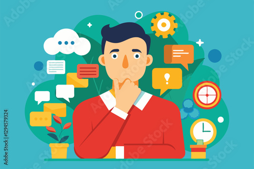 A man is deep in thought, contemplating various ideas represented by colorful icons around him, Man thinking Customizable Flat Illustration