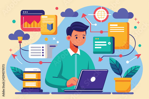 A man is working on a laptop, transferring data and interacting with digital visuals and information design, man transferring data using a laptop