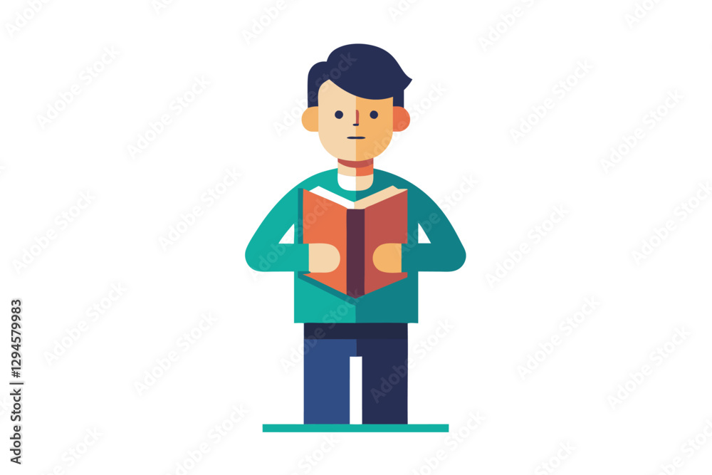 A young man stands reading a book, engaging with the content in a simple, modern design, man with book vector flat minimalistic isolated illustration A young man stands reading a book, engaging with the content in a simple, modern design, man with book vector flat minimalistic isolated illustration