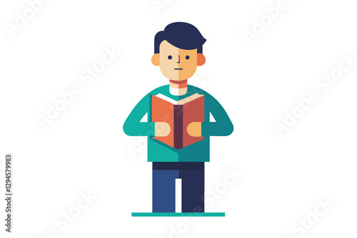 A young man stands reading a book, engaging with the content in a simple, modern design, man with book vector flat minimalistic isolated illustration