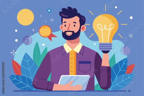 A man with a tablet smiles while holding a glowing light bulb, symbolizing an innovative idea in a vibrant setting, Man with innovative idea concept,