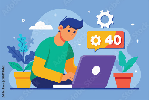 A focused man addresses web errors on his laptop in a colorful, modern workspace adorned with plants, man with laptop fixing web error 404