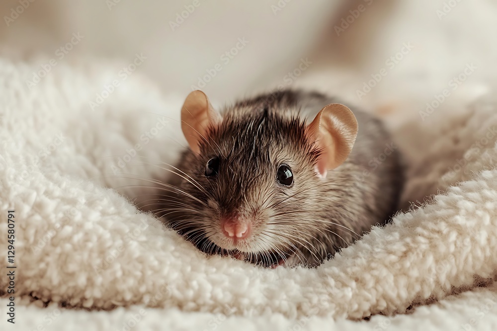A cute gray rat resting comfortably on a soft, cozy blanket. A cute gray rat resting comfortably on a soft, cozy blanket.