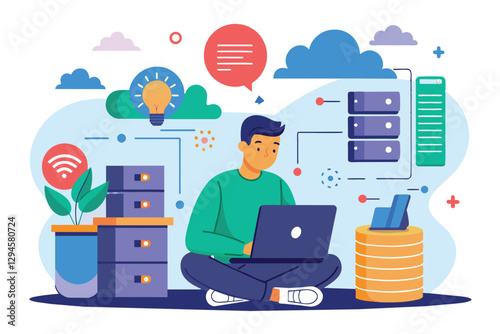 A man sits cross-legged with a laptop, overseeing cloud data management in a vibrant workspace, man with laptop managing cloud data database folder
