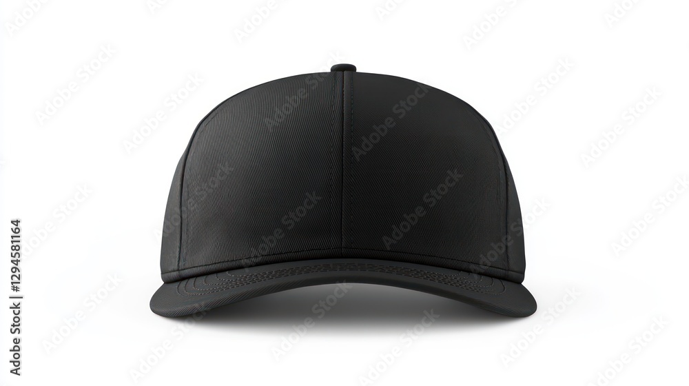 A black snapback hat with a flat brim and structured crown, isolated on a white background. A black snapback hat with a flat brim and structured crown, isolated on a white background.