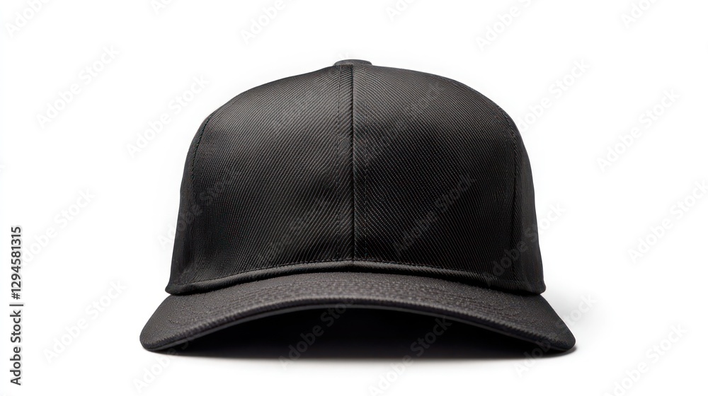 A black snapback hat with a flat brim and structured crown, isolated on a white background. A black snapback hat with a flat brim and structured crown, isolated on a white background.