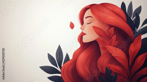 Captivating Illustration of a Red-Haired Woman Surrounded by Leaves