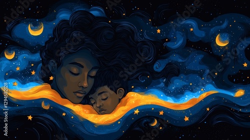 A Serene Night A Mother and Child Embrace