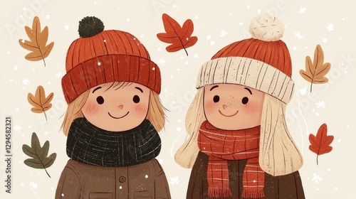 Cozy Autumn Friends in Seasonal Hats and Scarves