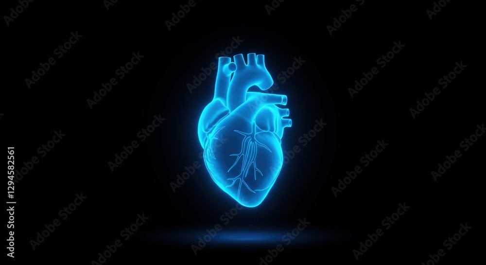 A glowing heart model set against a dark background, highlighting its intricate structure and vascular system. Ideal for themes related to anatomy, medical education, and scientific visualization. A glowing heart model set against a dark background, highlighting its intricate structure and vascular system. Ideal for themes related to anatomy, medical education, and scientific visualization.