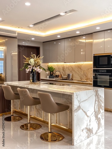 An elegant modern interior kitchen with marble countertop bar