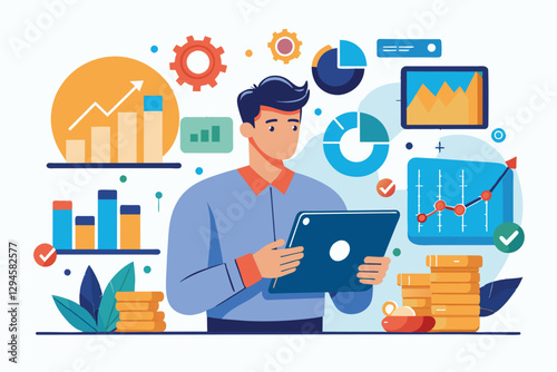 A man is focused on analyzing infographics displayed on his tablet amidst various data visualization elements, man with tablet analyzing infographics, diagram bar chart report
