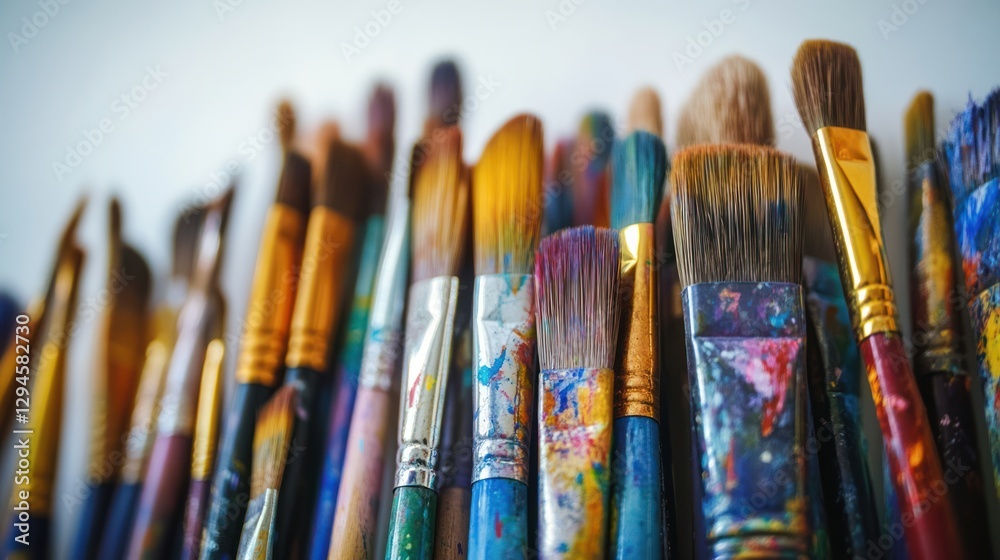 Fototapeta premium Colorful paintbrushes, studio, art supplies, close-up, creative background