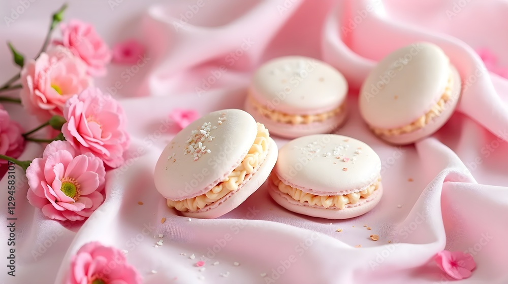 Meringue cookies and pink flowers lying on pink and white chiffon fabric Meringue cookies and pink flowers lying on pink and white chiffon fabric
