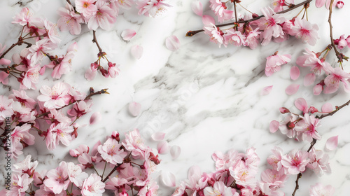 Delicate sakura flowers arranged on a smooth marble surface