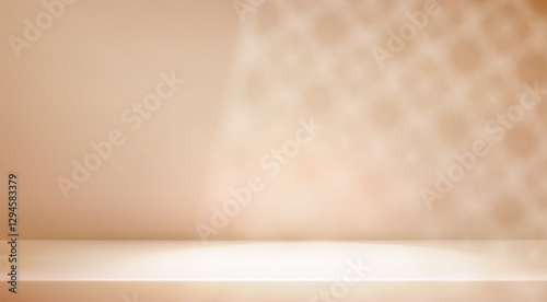 Abstract islam empty studio room. Beige Ramadan background shadow light overlay muslim arabesque ornament. 3d gradient backdrop texture light window on wall. Vector illustration product presentation.