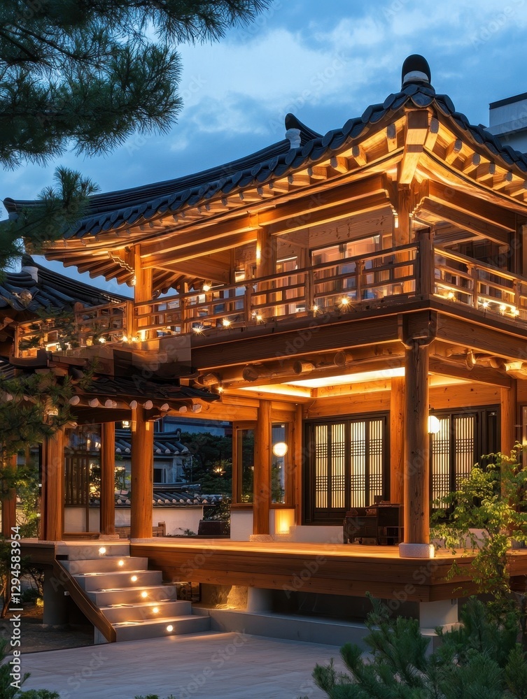 An illuminated Korean traditional wooden building at dusk An illuminated Korean traditional wooden building at dusk
