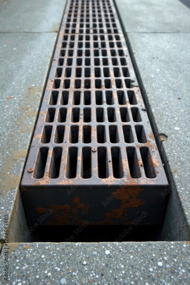 Rustic Metal Drainage Grate Set in a Concrete Channel, Showing Signs of Oxidation and Weathering Rustic Metal Drainage Grate Set in a Concrete Channel, Showing Signs of Oxidation and Weathering