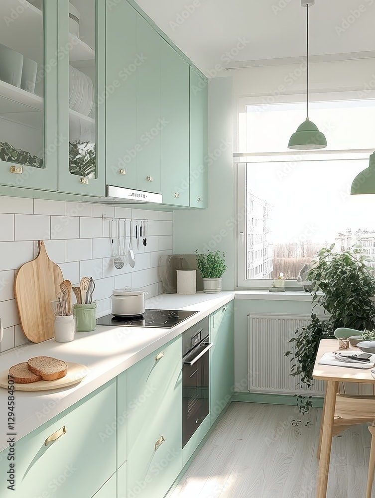 Fototapeta premium The modern kitchen showcases a minimalist contemporary design