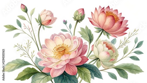Wallpaper Mural Watercolor Floral Composition Pink and Green Lotus Bouquet, Botanical Illustration, Floral Design, Watercolor Painting Floral art, Botanical painting Torontodigital.ca