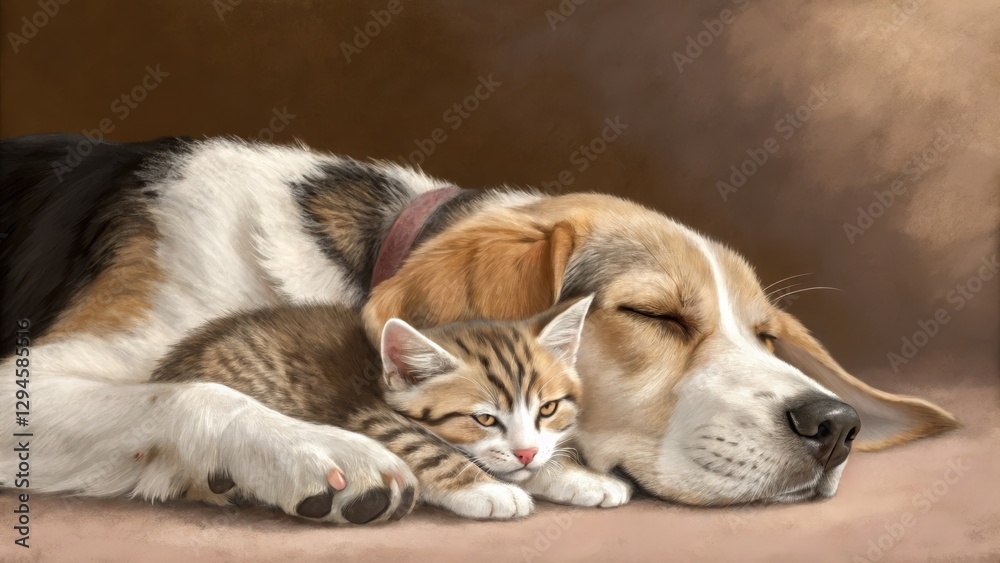 Sleeping Beagle and Kitten Digital Painting, Close-up Composition, Intertwined Paws, Friendship Concept, Animal Portrait, Dog and Cat, Canine Sleeping Beagle and Kitten Digital Painting, Close-up Composition, Intertwined Paws, Friendship Concept, Animal Portrait, Dog and Cat, Canine
