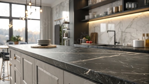 Modern Kitchen Island Dark Marble Countertop, Grey Cabinets, Clean Composition, Luxury Design Kitchen Design, Interior Design