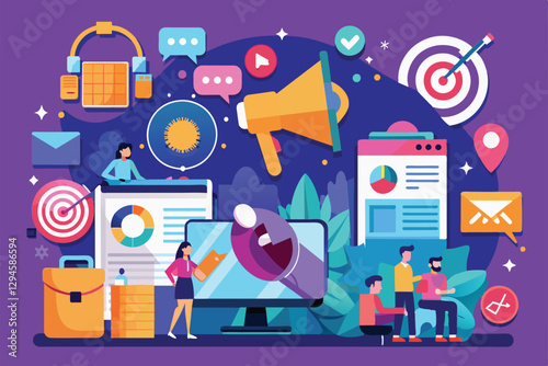 An engaging workspace showcases various marketing tools and customizable strategies in action, Marketing Customizable Disproportionate Illustration