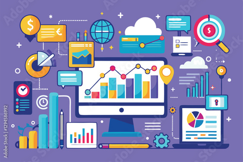 Colorful representation of marketing analytics showcases various graphs, charts, and statistics on screens, Marketing data analytics linear,