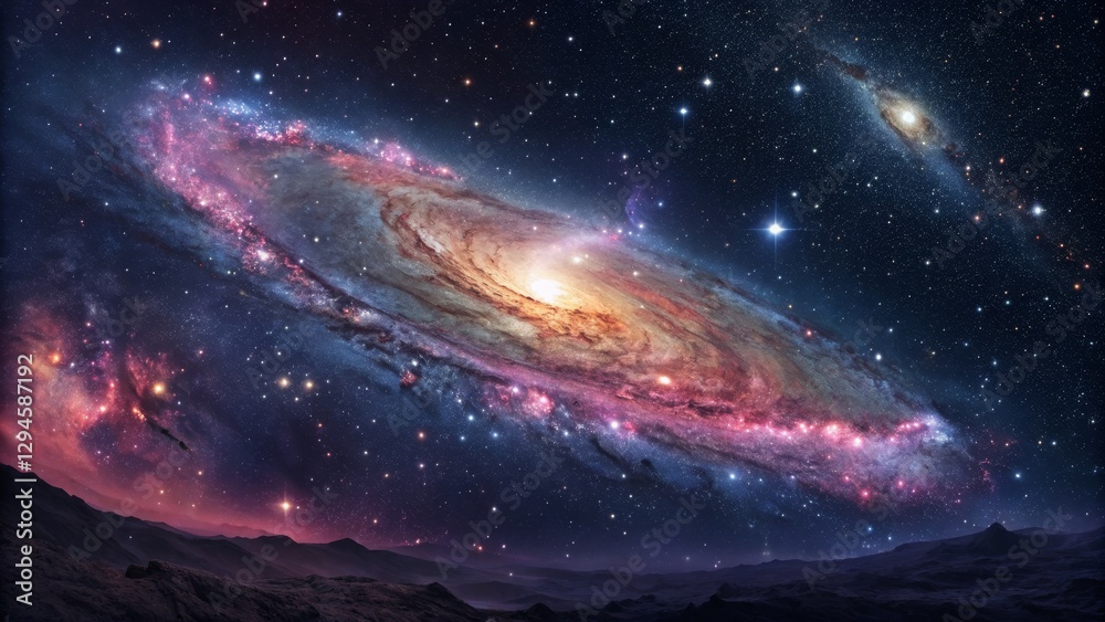 Fototapeta premium Cosmic Spiral Galaxy Landscape Digital Painting, Starry Night, Celestial Art, Space Scenery Space art, Galaxy painting