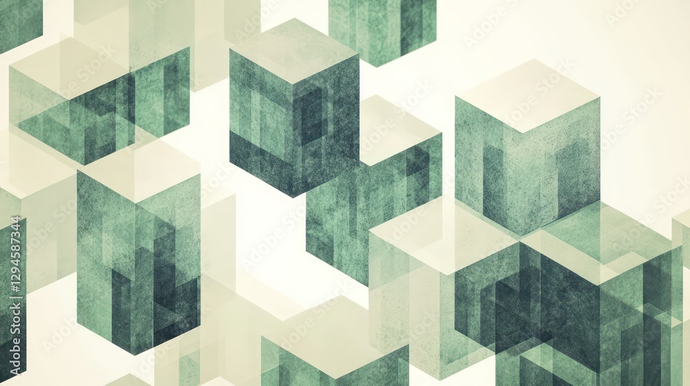 A clean, minimalist background featuring isometric geometric shapes such as cubes and pyramids in shades of green A clean, minimalist background featuring isometric geometric shapes such as cubes and pyramids in shades of green