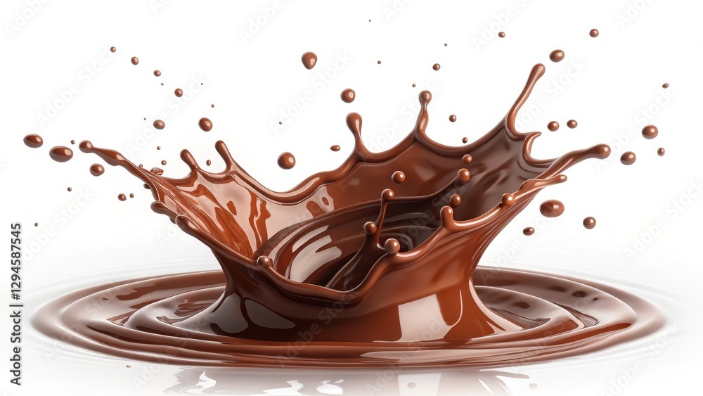 Fototapeta premium Chocolate Splash 3D Render, Crown Splash Composition, Rich Brown, Delicious Drink, White Background chocolate, beverage