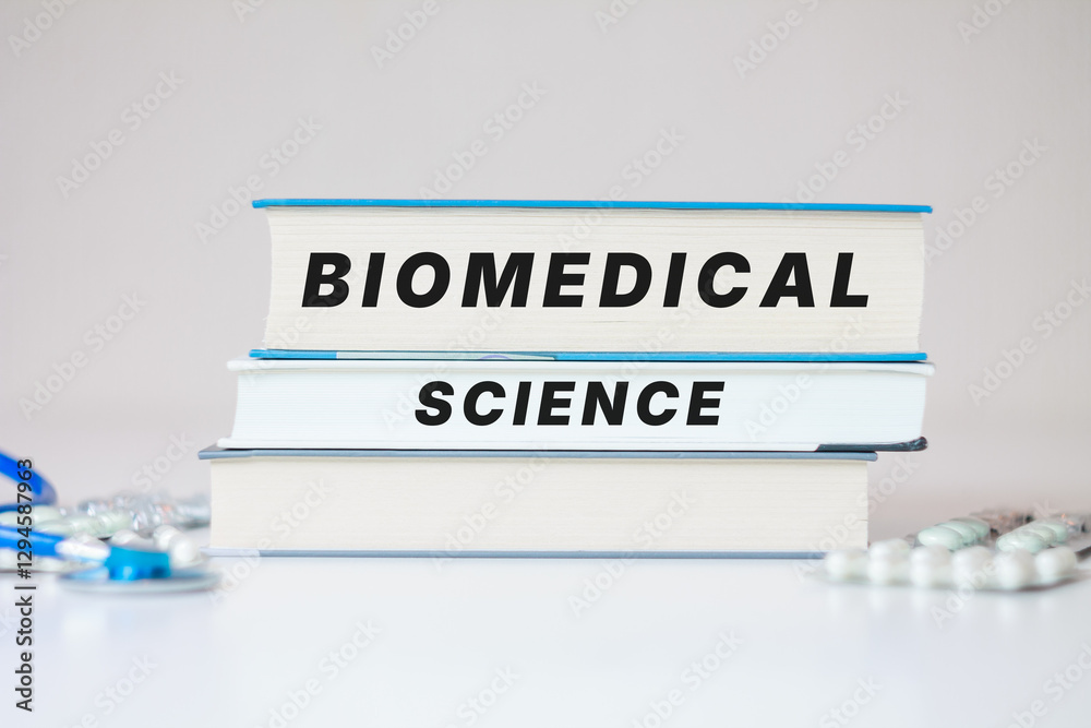 Obraz premium Biomedical science inscription medical scientific books background