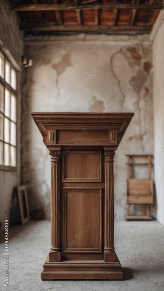 Wooden Podium stands alone inside room. Old interior with cracked walls, window and chair. Brown podium detail and design element. Wooden Podium stands alone inside room. Old interior with cracked walls, window and chair. Brown podium detail and design element.