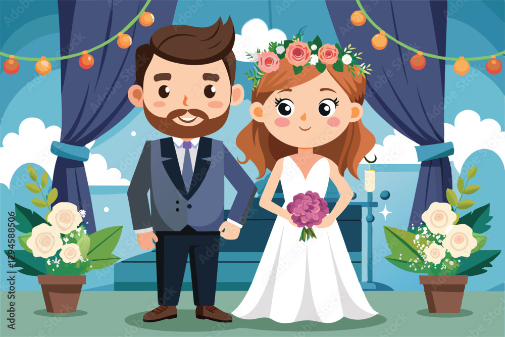 A colorful cartoon shows a happy couple at their wedding, surrounded by floral decorations and lights, Marriage Customizable Cartoon Illustration A colorful cartoon shows a happy couple at their wedding, surrounded by floral decorations and lights, Marriage Customizable Cartoon Illustration