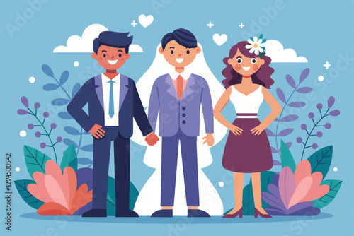 A colorful and playful depiction of a wedding, showcasing a smiling couple alongside a joyful friend, Marriage Customizable Disproportionate Illustration