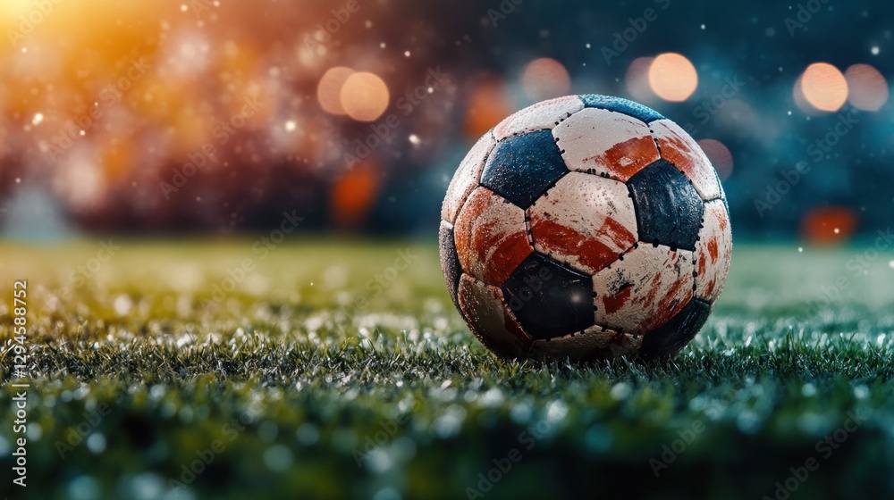 Fototapeta premium Close-Up of a Soccer Ball on a Grass Field in Evening Light